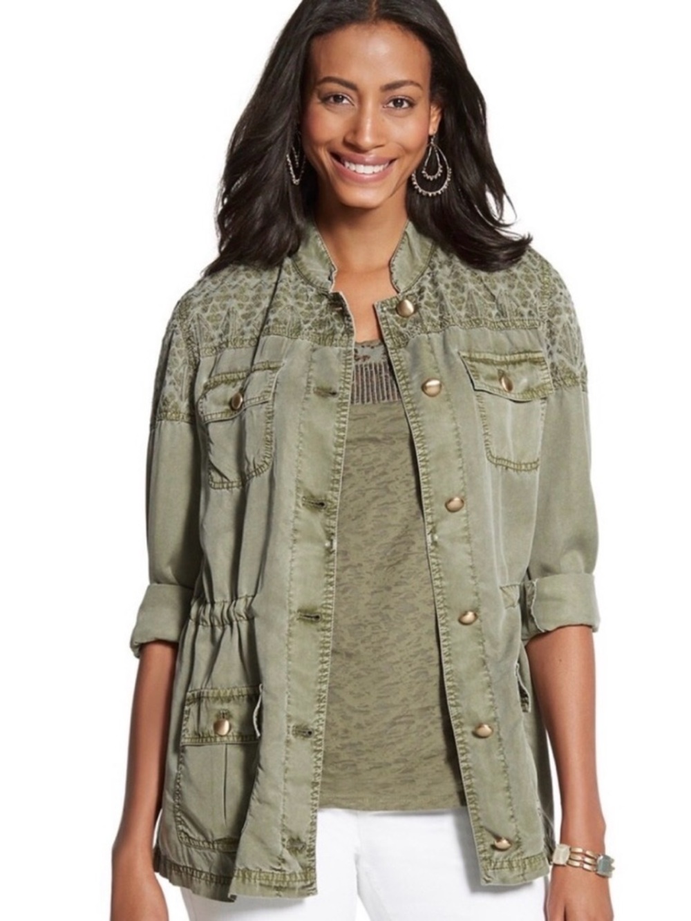 Chico’s green military/utility embroidered jacket/gold buttons/pockets. Sz Med